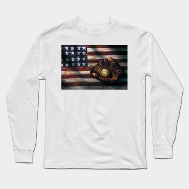 Folk art American flag and baseball mitt Long Sleeve T-Shirt by photogarry